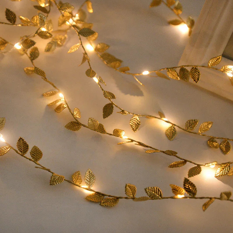 3m/30LED Golden Leaf Garland Fairy Lights, Warm White String Lighting, Battery Operated (2x Not Included), Elegant Decoration for Home, Christmas, Thanksgiving, Table, Weddings, Artificial Plant Decor - No Feathers, No Batter House Of Avana [[SKU:HOA-XMS-056]]