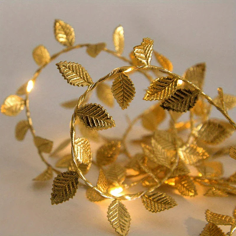 3m/30LED Golden Leaf Garland Fairy Lights, Warm White String Lighting, Battery Operated (2x Not Included), Elegant Decoration for Home, Christmas, Thanksgiving, Table, Weddings, Artificial Plant Decor - No Feathers, No Batter House Of Avana [[SKU:HOA-XMS-056]]
