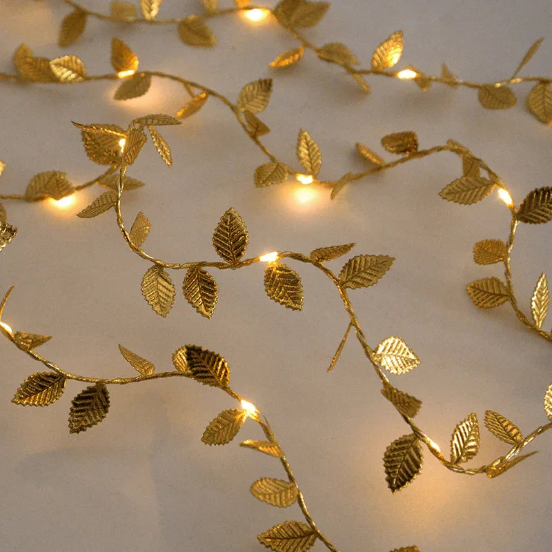 3m/30LED Golden Leaf Garland Fairy Lights, Warm White String Lighting, Battery Operated (2x Not Included), Elegant Decoration for Home, Christmas, Thanksgiving, Table, Weddings, Artificial Plant Decor - No Feathers, No Batter House Of Avana [[SKU:HOA-XMS-056]]