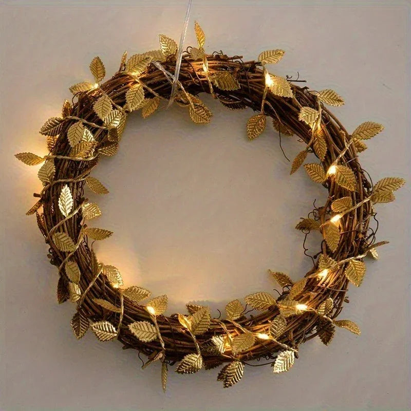 3m/30LED Golden Leaf Garland Fairy Lights, Warm White String Lighting, Battery Operated (2x Not Included), Elegant Decoration for Home, Christmas, Thanksgiving, Table, Weddings, Artificial Plant Decor - No Feathers, No Batter House Of Avana [[SKU:HOA-XMS-056]]