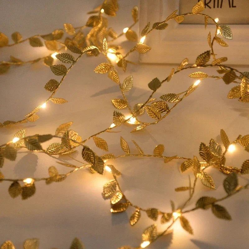 3m/30LED Golden Leaf Garland Fairy Lights, Warm White String Lighting, Battery Operated (2x Not Included), Elegant Decoration for Home, Christmas, Thanksgiving, Table, Weddings, Artificial Plant Decor - No Feathers, No Batter House Of Avana [[SKU:HOA-XMS-056]]