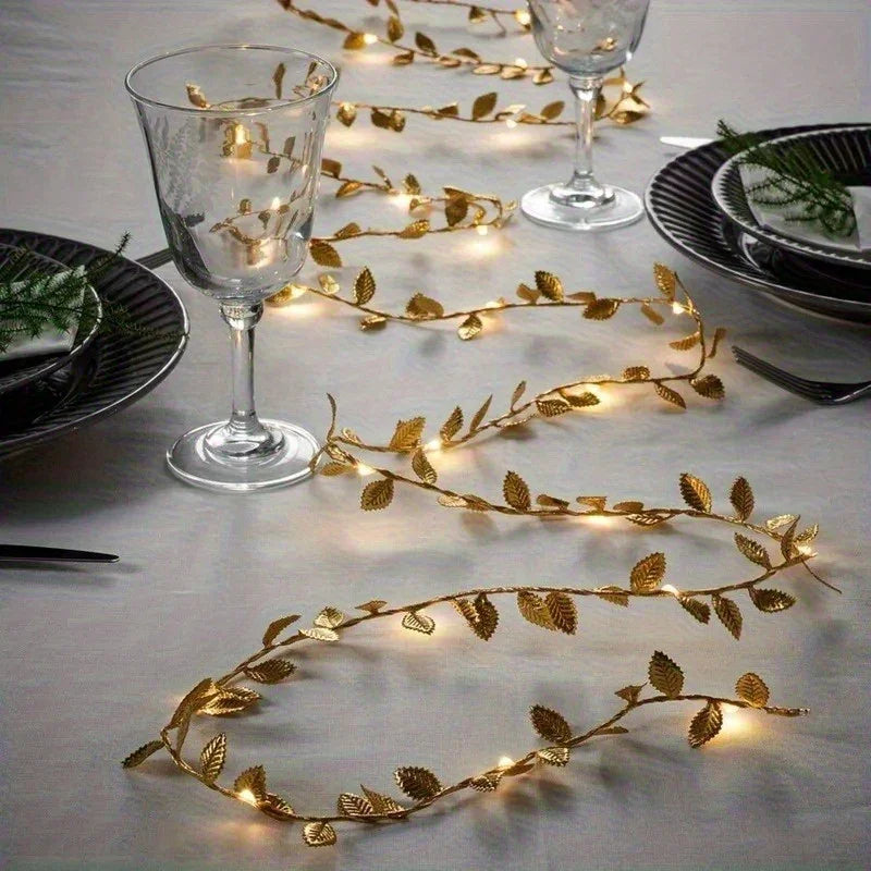 3m/30LED Golden Leaf Garland Fairy Lights, Warm White String Lighting, Battery Operated (2x Not Included), Elegant Decoration for Home, Christmas, Thanksgiving, Table, Weddings, Artificial Plant Decor - No Feathers, No Batter House Of Avana [[SKU:HOA-XMS-056]]