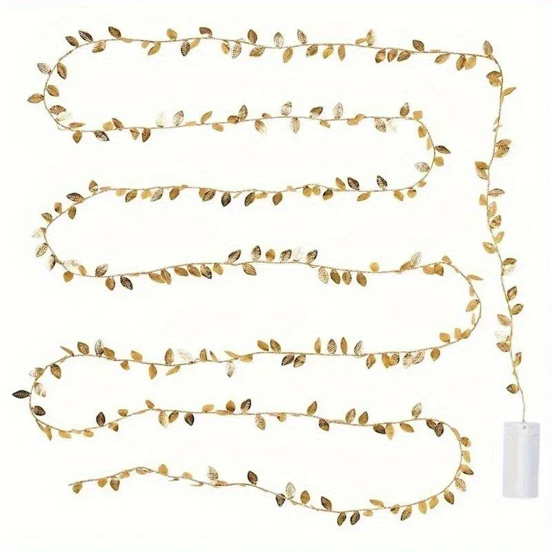 3m/30LED Golden Leaf Garland Fairy Lights, Warm White String Lighting, Battery Operated (2x Not Included), Elegant Decoration for Home, Christmas, Thanksgiving, Table, Weddings, Artificial Plant Decor - No Feathers, No Batter House Of Avana [[SKU:HOA-XMS-056]]