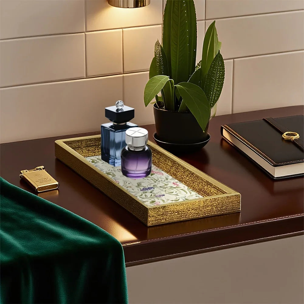 Elegant Glass Serving Tray - Clear Glass with Golden Frame & Pastel Pink/green Floral Design -... - House Of Avana