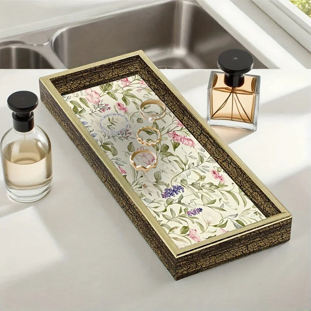 Elegant Glass Serving Tray - Clear Glass with Golden Frame & Pastel Pink/green Floral Design -... - House Of Avana