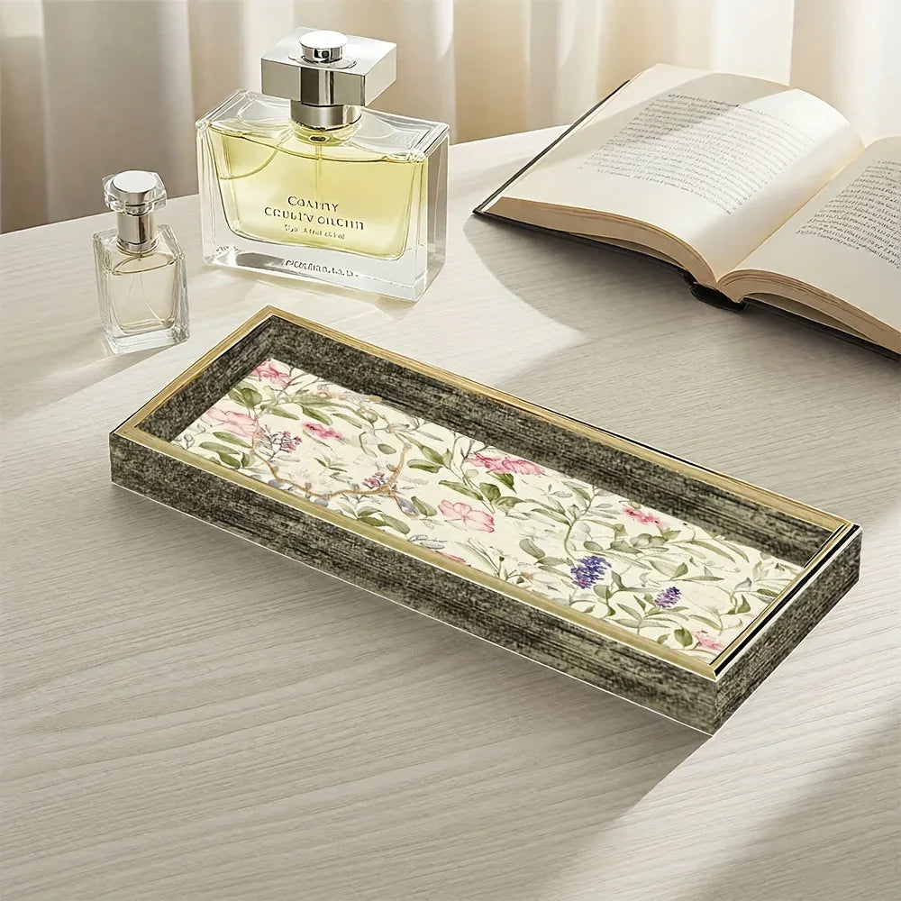 Elegant Glass Serving Tray - Clear Glass with Golden Frame & Pastel Pink/green Floral Design -... - House Of Avana