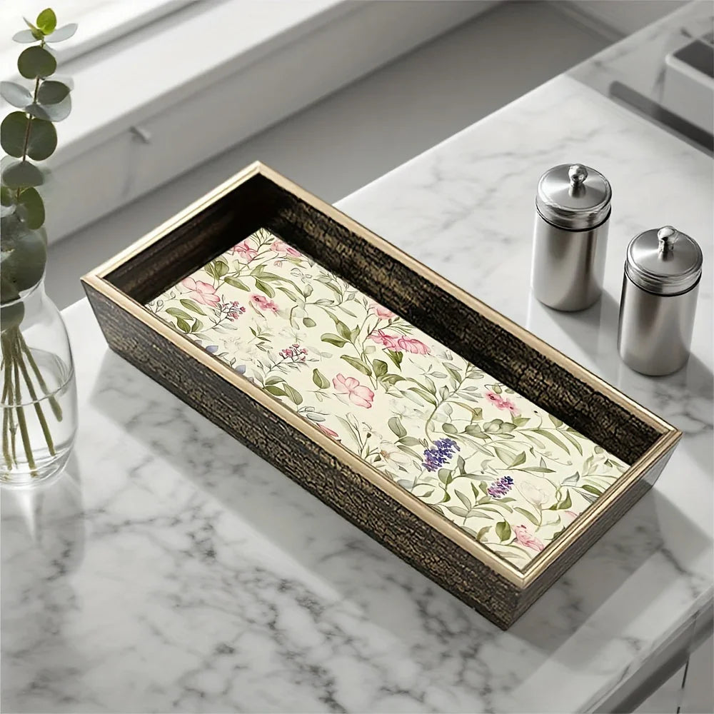 Elegant Glass Serving Tray - Clear Glass with Golden Frame & Pastel Pink/green Floral Design -... - House Of Avana