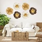 Metal Flower Wall Art 12" Golden 3-pack Modern Hanging Decor, back view - House Of Avana