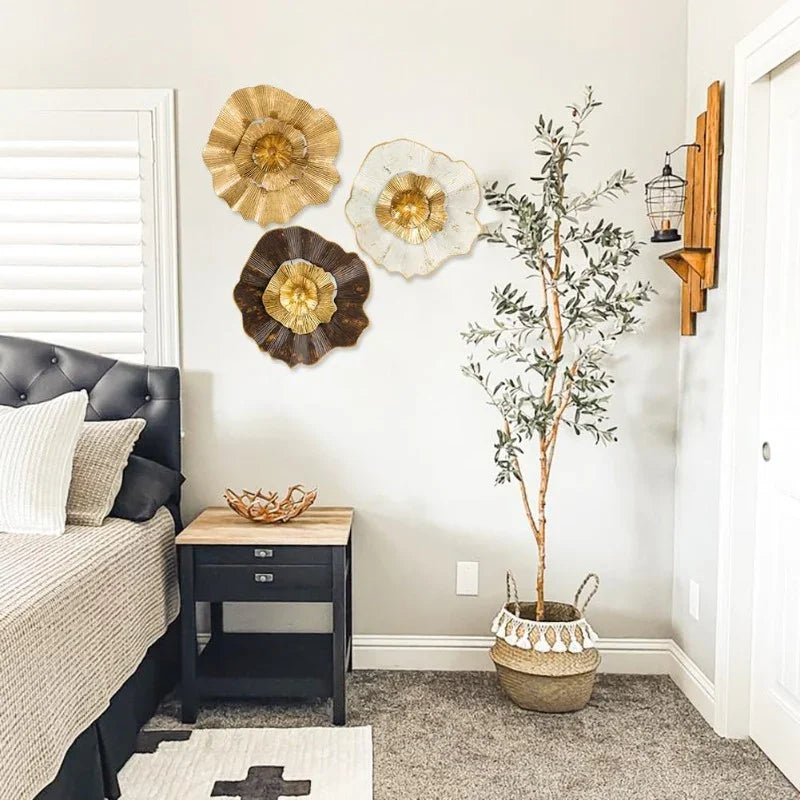 Metal Flower Wall Art 12" Golden 3-pack Modern Hanging Decor, side view - House Of Avana