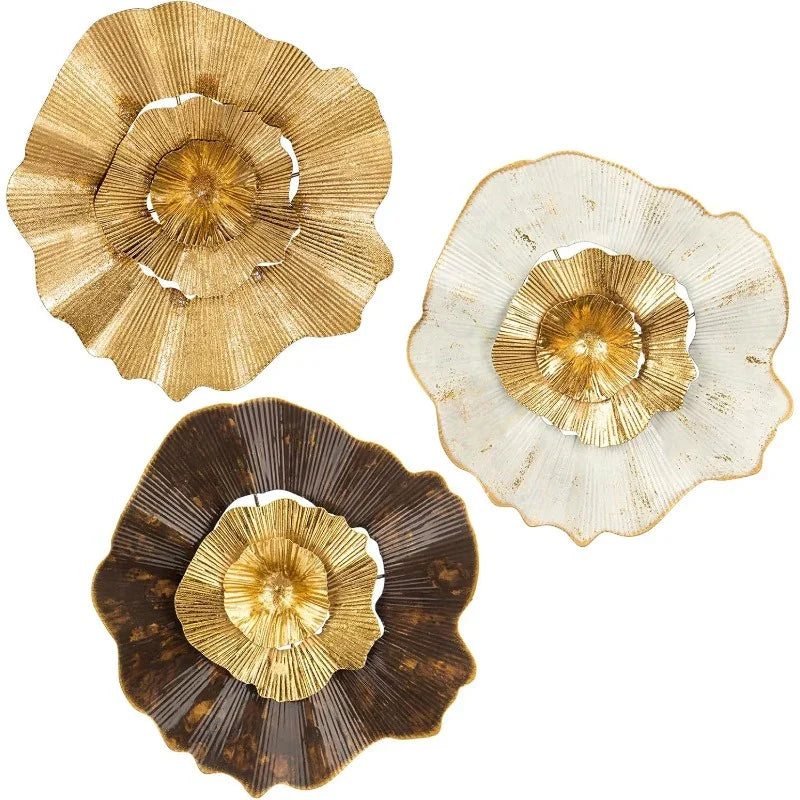 Metal Flower Wall Art 12" Golden 3-pack Modern Hanging Decor, top view - House Of Avana