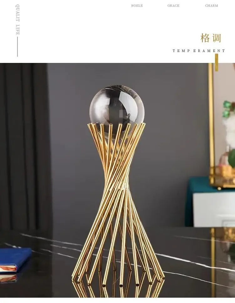 Golden Desk Statue - Geometric Crystal Ball, angled view - House Of Avana