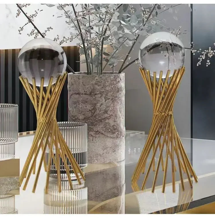 Golden Desk Statue - Geometric Crystal Ball, close-up view - House Of Avana