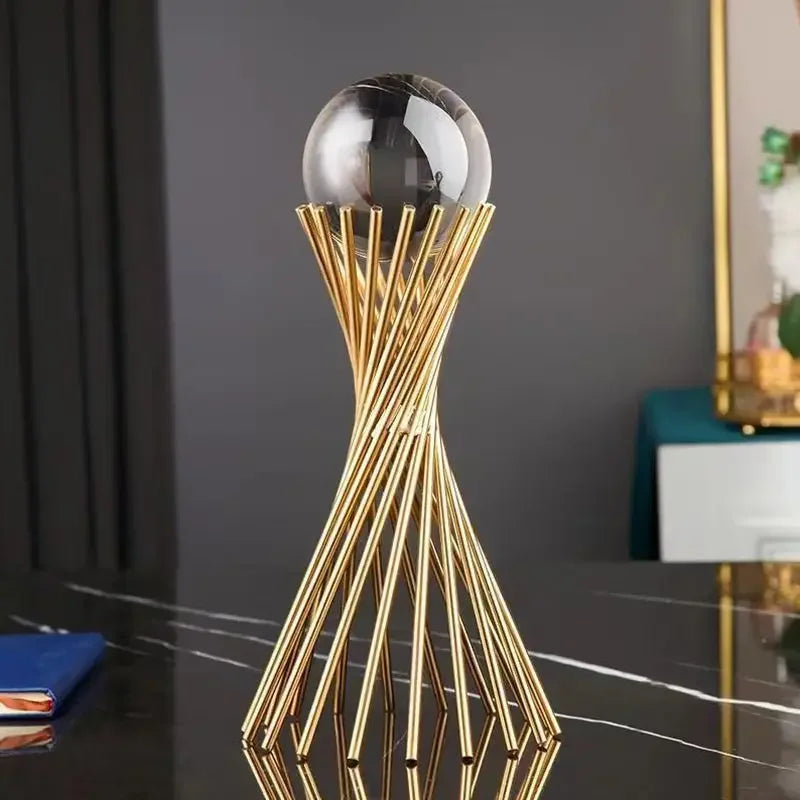 Golden Desk Statue - Geometric Crystal Ball, front view - House Of Avana