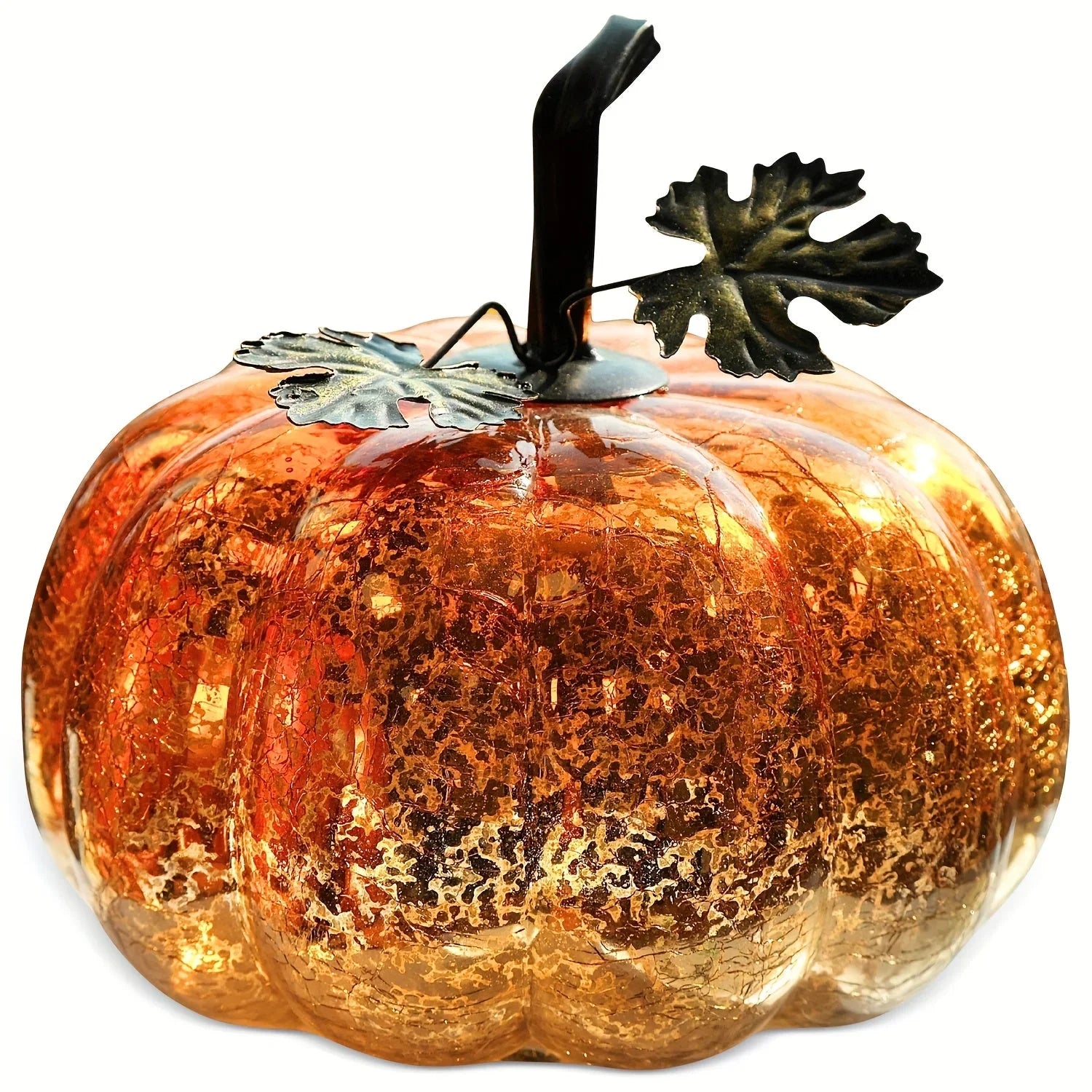 Golden Glass Pumpkin Night Light - Elegant Glowing Table Centerpiece with Warm White & Golden Light, Battery-Powered (Not Included) - Durable Glass Construction for Halloween, Christmas, Thanksgiving, Fall Harvest Decor - Man House Of Avana