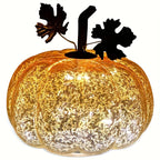 Golden Glass Pumpkin Night Light - Elegant Glowing Table Centerpiece with Warm White & Golden Light, Battery-Powered (Not Included) - Durable Glass Construction for Halloween, Christmas, Thanksgiving, Fall Harvest Decor - Man House Of Avana