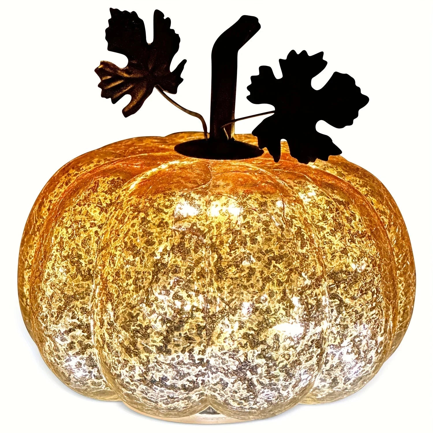 Golden Glass Pumpkin Night Light - Elegant Glowing Table Centerpiece with Warm White & Golden Light, Battery-Powered (Not Included) - Durable Glass Construction for Halloween, Christmas, Thanksgiving, Fall Harvest Decor - Man House Of Avana