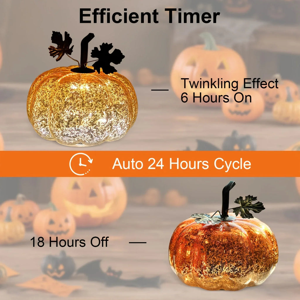 Golden Glass Pumpkin Night Light - Elegant Glowing Table Centerpiece with Warm White & Golden Light, Battery-Powered (Not Included) - Durable Glass Construction for Halloween, Christmas, Thanksgiving, Fall Harvest Decor - Man House Of Avana