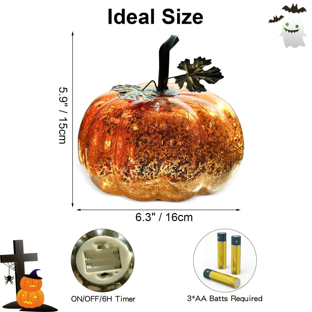 Golden Glass Pumpkin Night Light - Elegant Glowing Table Centerpiece with Warm White & Golden Light, Battery-Powered (Not Included) - Durable Glass Construction for Halloween, Christmas, Thanksgiving, Fall Harvest Decor - Man House Of Avana