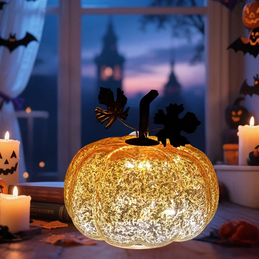 Golden Glass Pumpkin Night Light - Elegant Glowing Table Centerpiece with Warm White & Golden Light, Battery-Powered (Not Included) - Durable Glass Construction for Halloween, Christmas, Thanksgiving, Fall Harvest Decor - Man House Of Avana