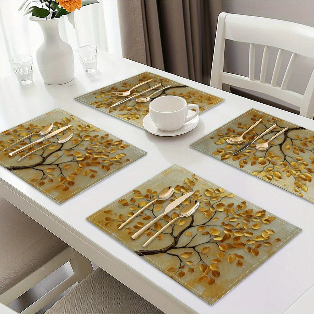 2/4/6/s, Elegant Luxury Golden Leaf Tree Print Placemats, Perfect for Spring and Summer Seasonal Kitchen... - House Of Avana