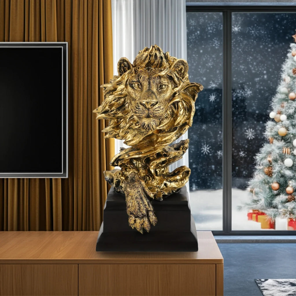 Golden lion figurine, metallic gold finish, majestic king pose - House of Avana