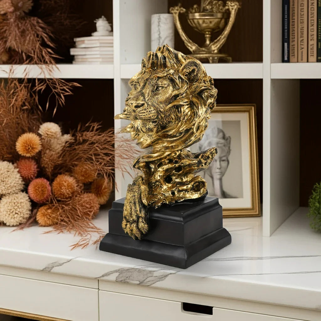 Golden lion figurine, metallic gold finish, majestic king pose - House of Avana