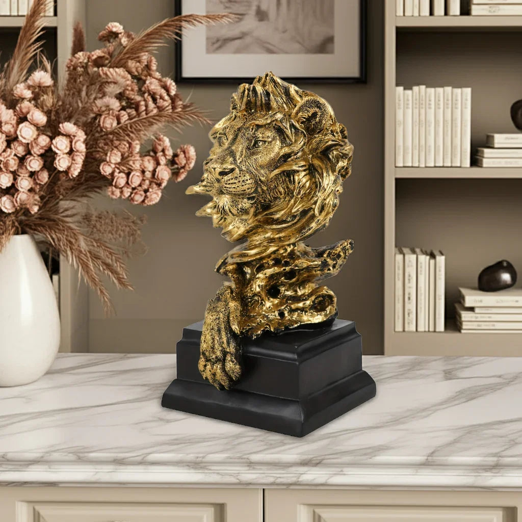 Golden lion figurine, metallic gold finish, majestic king pose - House of Avana