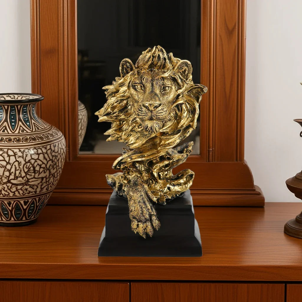 Golden lion figurine, metallic gold finish, majestic king pose - House of Avana