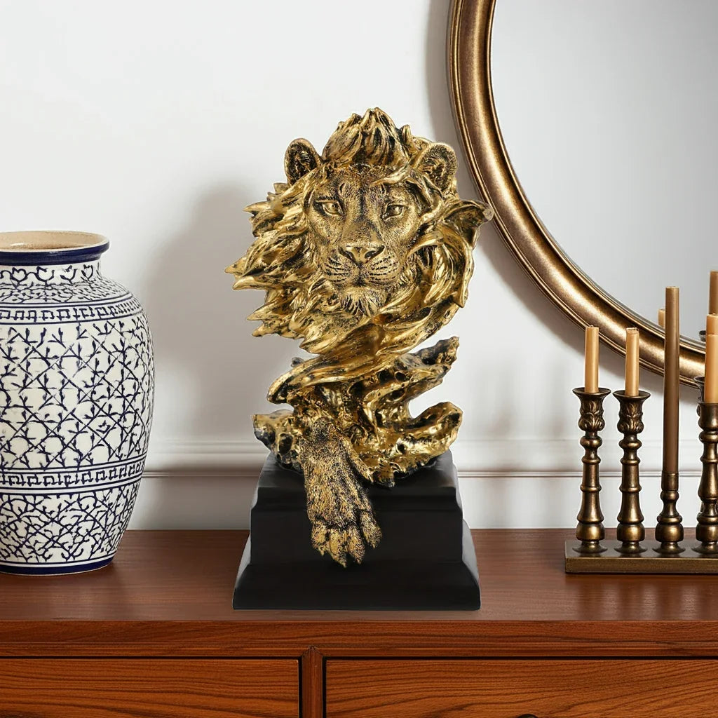 Golden lion figurine, metallic gold finish, majestic king pose - House of Avana