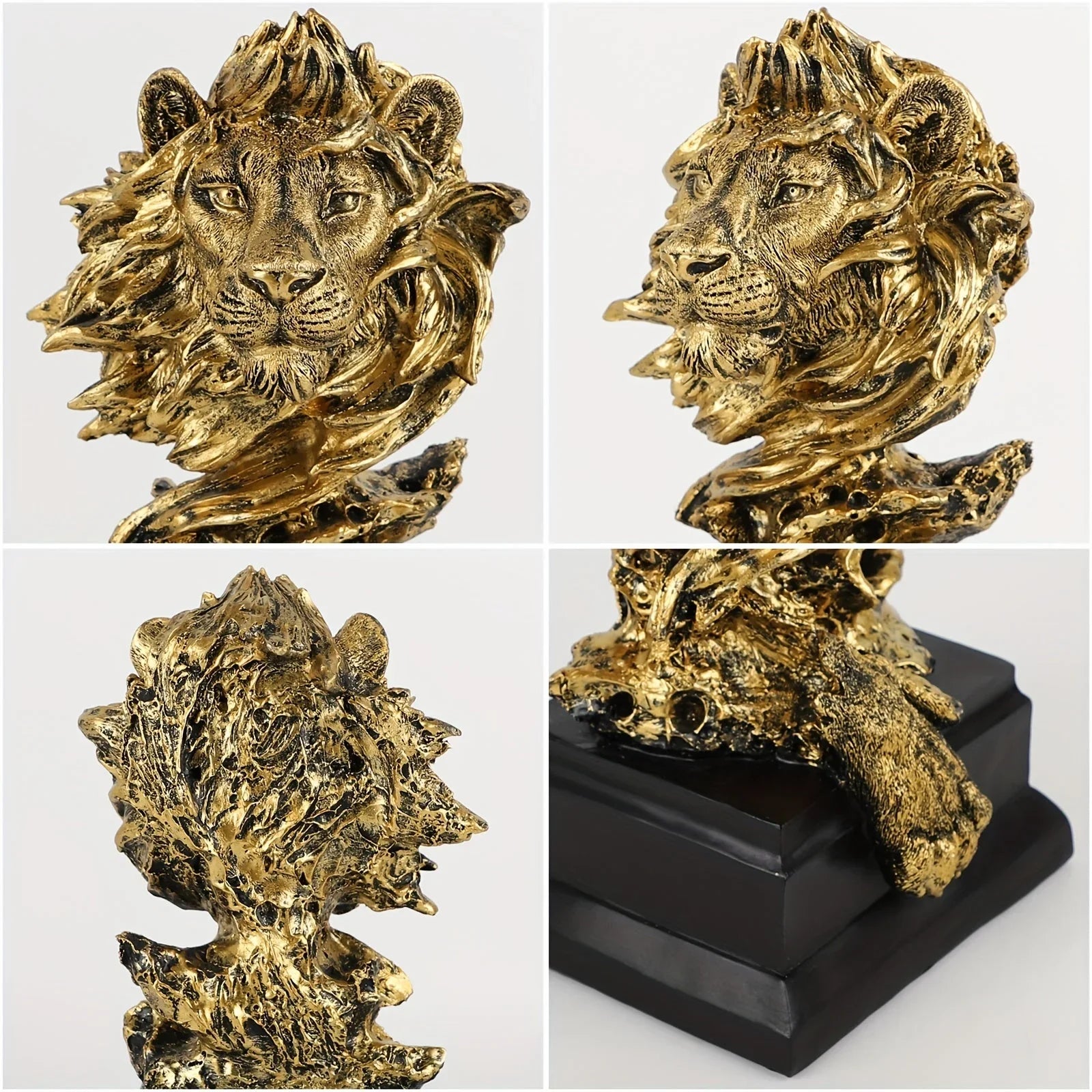 Golden lion figurine, metallic gold finish, majestic roaring pose - House of Avana