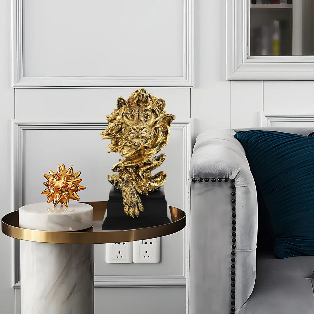 Golden lion figurine, metallic gold finish, majestic roaring pose - House of Avana