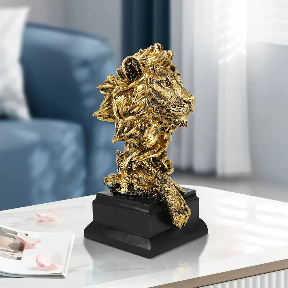 Golden lion figurine, metallic gold finish, majestic roaring pose - House of Avana