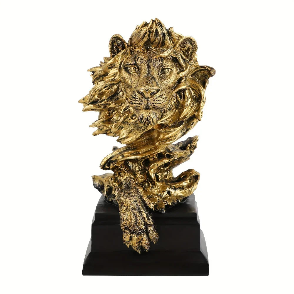Golden lion figurine, metallic gold finish, majestic roaring pose - House of Avana
