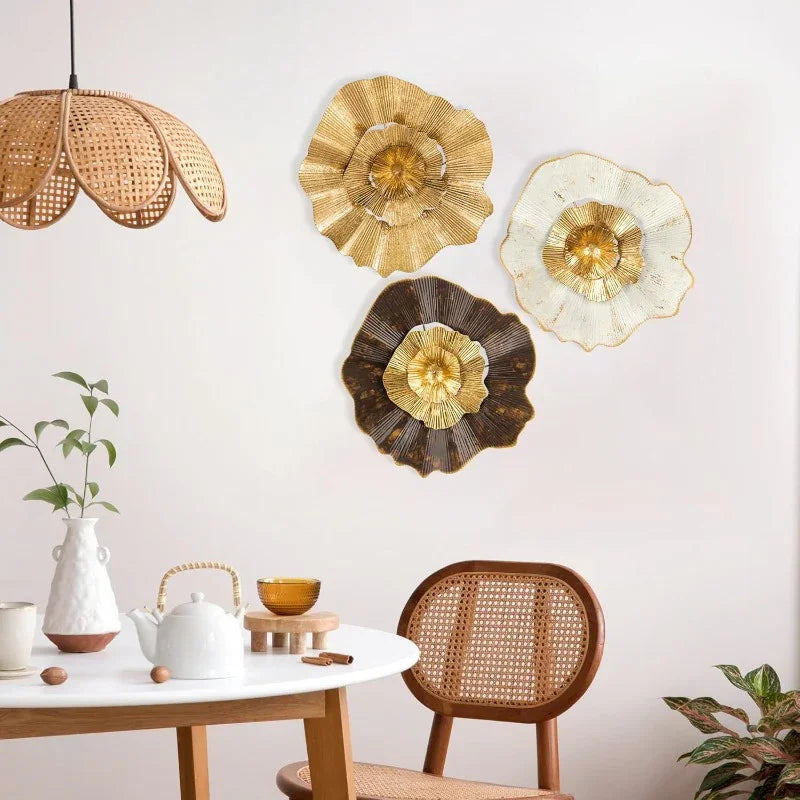 Golden metal flower wall art, 3D modern accent, decorative plates - House of Avana