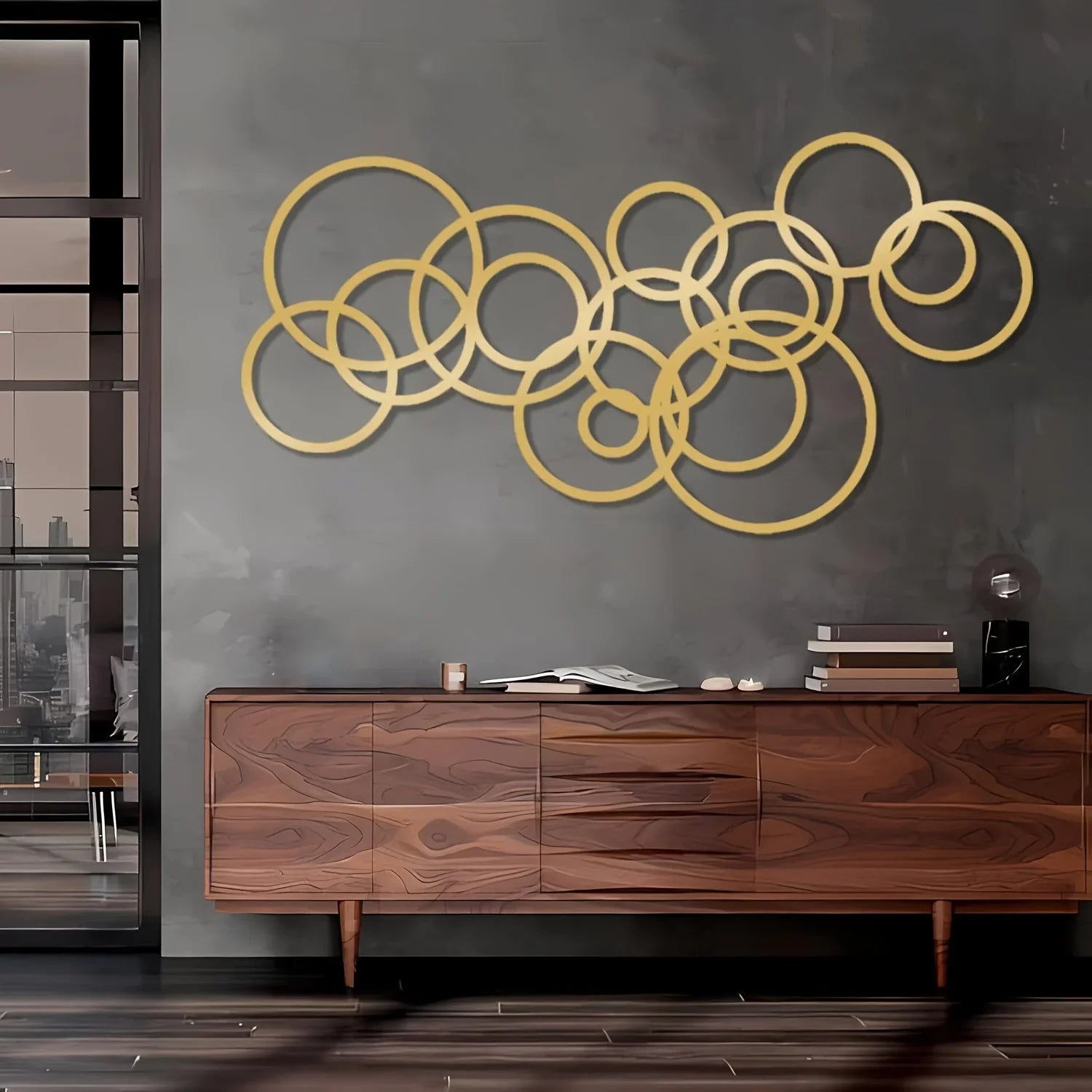 Golden metal wall art, interlocking circles, modern minimalist design - House of Avana