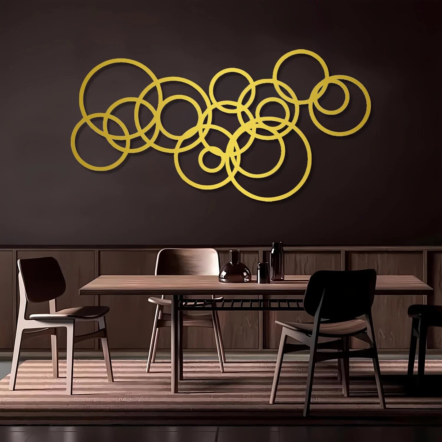 Golden metal wall art, interlocking circles, modern minimalist design - House of Avana