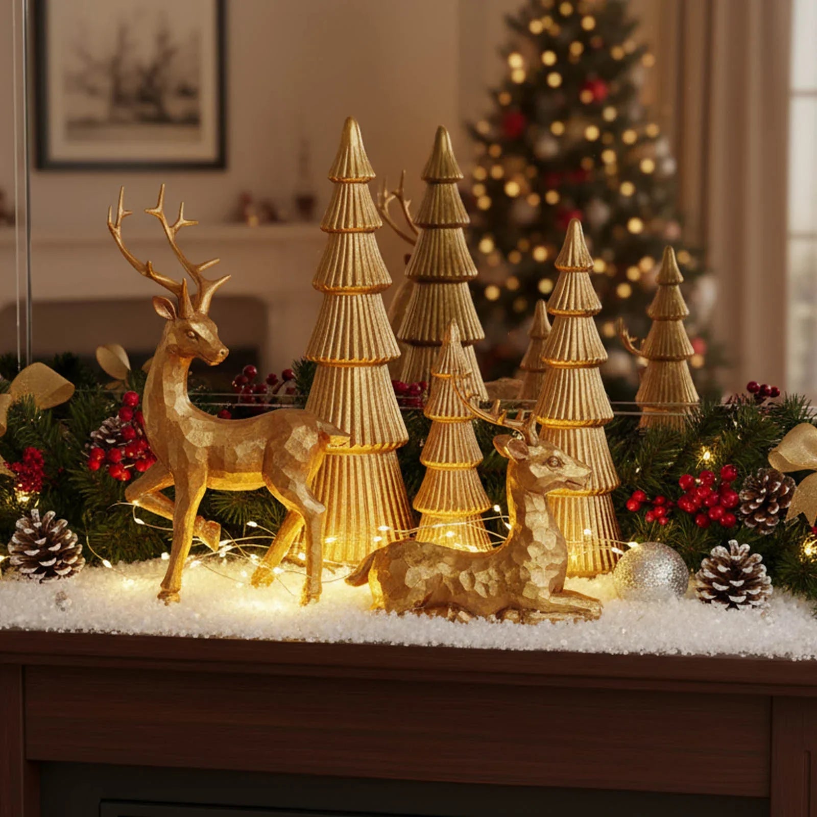 Christmas Reindeer Figurines Golden Deer Christmas Resin Decor Set, Rustic Small Reindeer Sculpture for Home Living Room Cabinet Table Office Christmas, Halloween Indoor/ outdoor Decorations, Perfect for Living Room, Study or House Of Avana