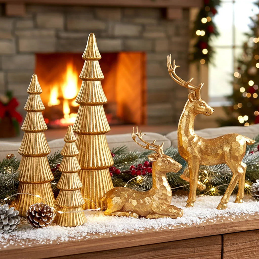 Christmas Reindeer Figurines Golden Deer Christmas Resin Decor Set, Rustic Small Reindeer Sculpture for Home Living Room Cabinet Table Office Christmas, Halloween Indoor/ outdoor Decorations, Perfect for Living Room, Study or House Of Avana