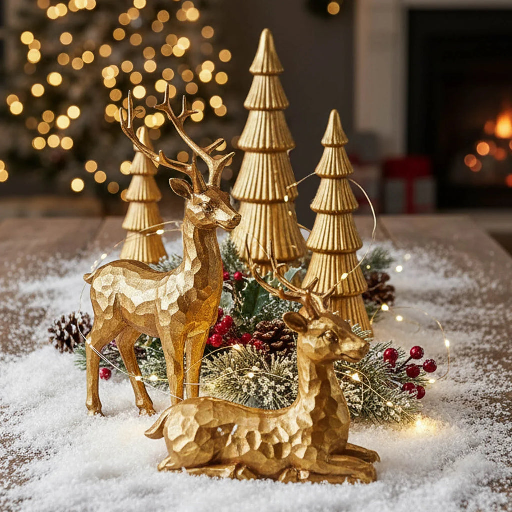 Christmas Reindeer Figurines Golden Deer Christmas Resin Decor Set, Rustic Small Reindeer Sculpture for Home Living Room Cabinet Table Office Christmas, Halloween Indoor/ outdoor Decorations, Perfect for Living Room, Study or House Of Avana