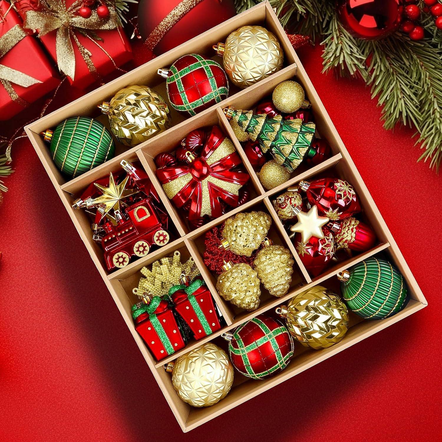 [Christmas, Weddings, Parties] 82pcs Shatterproof Plastic Christmas Ornaments Set - Red, Green & Golden/White Decorations with Golden Caps & Hanging Strings, Large & Small Holiday Tree Decor for Xmas, Weddings, Parties - & Pe House Of Avana