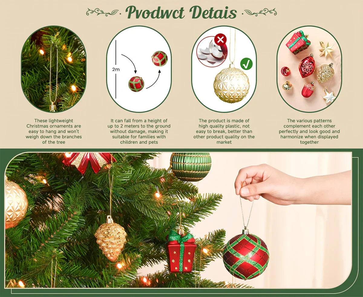 [Christmas, Weddings, Parties] 82pcs Shatterproof Plastic Christmas Ornaments Set - Red, Green & Golden/White Decorations with Golden Caps & Hanging Strings, Large & Small Holiday Tree Decor for Xmas, Weddings, Parties - & Pe House Of Avana [[SKU:HOA-XMS-015]]