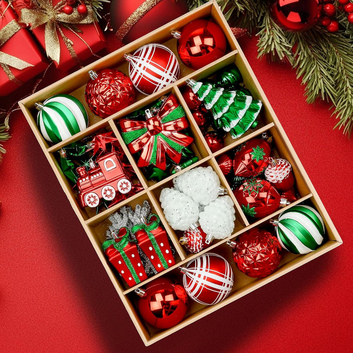 [Christmas, Weddings, Parties] 82pcs Shatterproof Plastic Christmas Ornaments Set - Red, Green & Golden/White Decorations with Golden Caps & Hanging Strings, Large & Small Holiday Tree Decor for Xmas, Weddings, Parties - & Pe House Of Avana [[SKU:HOA-XMS-015]]