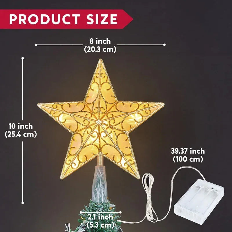SYNCFUN 9 inch Lighted PVC Star Christmas Tree Topper, Golden Glitter Swirl Treetop Decorations with 10 Warm White LED, Battery Powered for Home Holiday Xmas Party Indoor Decor, Outdoor festival lighting, Tree Topper Accessor House Of Avana [[SKU:HOA-XMS-014]]