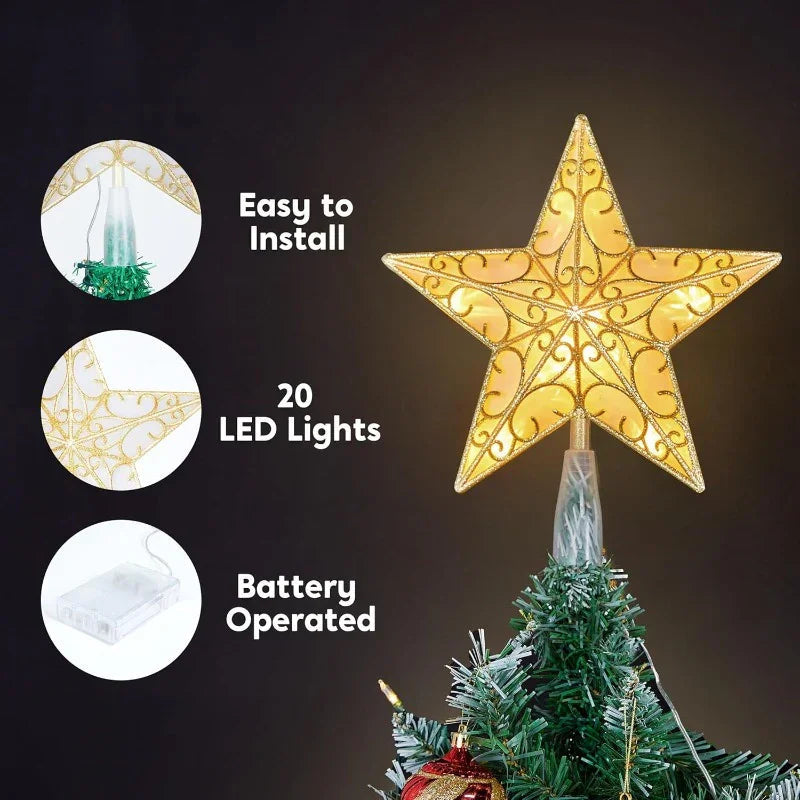 SYNCFUN 9 inch Lighted PVC Star Christmas Tree Topper, Golden Glitter Swirl Treetop Decorations with 10 Warm White LED, Battery Powered for Home Holiday Xmas Party Indoor Decor, Outdoor festival lighting, Tree Topper Accessor House Of Avana [[SKU:HOA-XMS-014]]