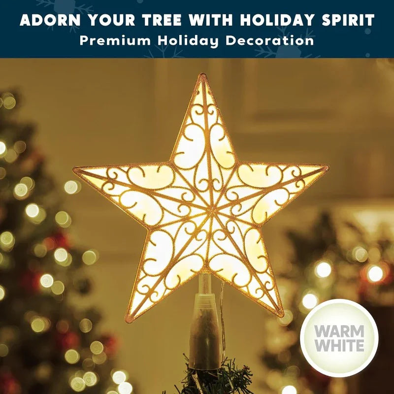 SYNCFUN 9 inch Lighted PVC Star Christmas Tree Topper, Golden Glitter Swirl Treetop Decorations with 10 Warm White LED, Battery Powered for Home Holiday Xmas Party Indoor Decor, Outdoor festival lighting, Tree Topper Accessor House Of Avana [[SKU:HOA-XMS-014]]