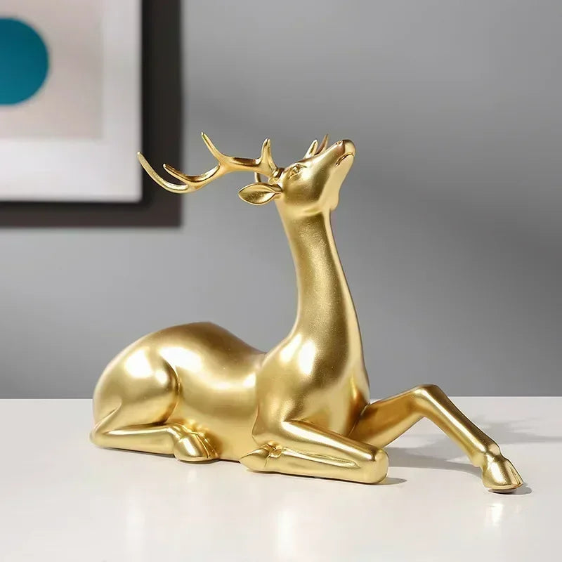 Golden Deer Figurines European Fengshui Ornaments Resin Handmade Art Crafts Animal Statue for Home... - House Of Avana
