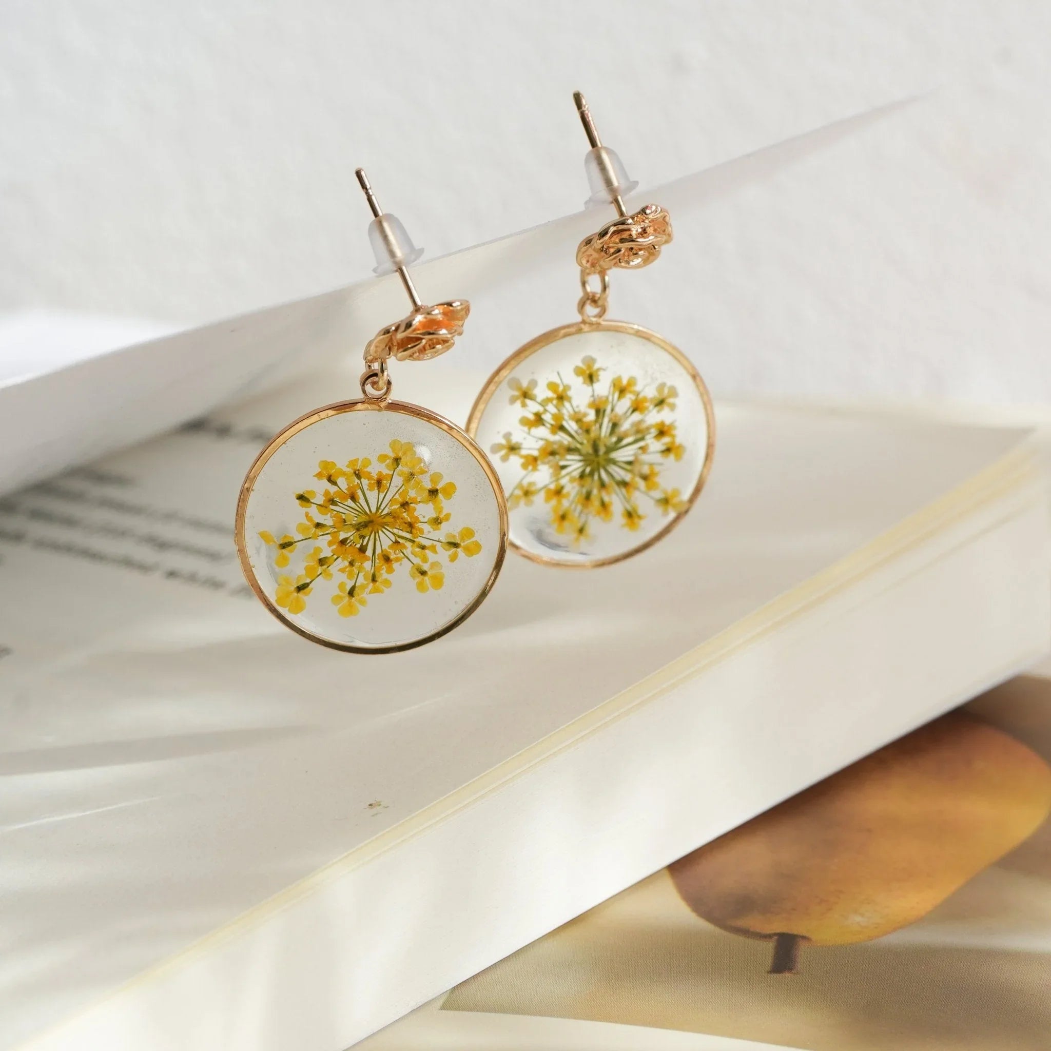"Golden Sunburst" Yellow Lace Flower Earrings
