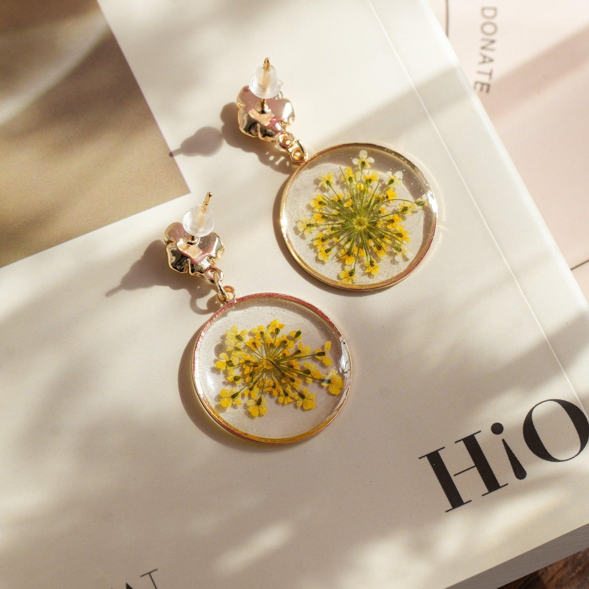 "Golden Sunburst" Yellow Lace Flower Earrings