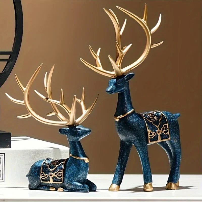 Resin Reindeer Statue Set - Elegant Antler Design with Golden-Tipped Tines & Dark Blue/Golden Collectible Holiday Decor for Christmas, Halloween, Easter, Thanksgiving - Indoor/Outdoor Durable Sculpture, No Electricity Needed, House Of Avana