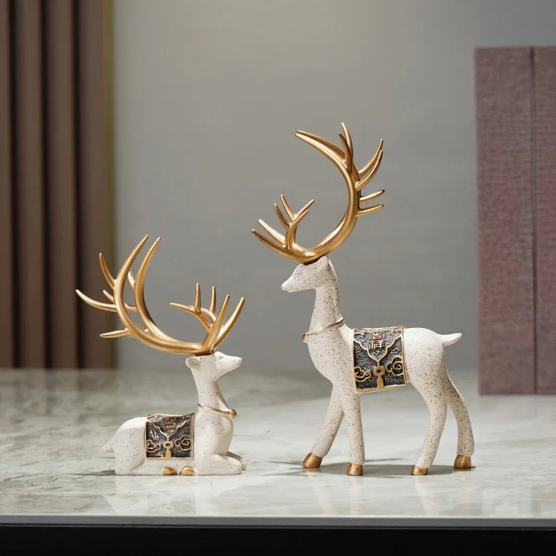 Resin Reindeer Statue Set - Elegant Antler Design with Golden-Tipped Tines & Dark Blue/Golden Collectible Holiday Decor for Christmas, Halloween, Easter, Thanksgiving - Indoor/Outdoor Durable Sculpture, No Electricity Needed, House Of Avana